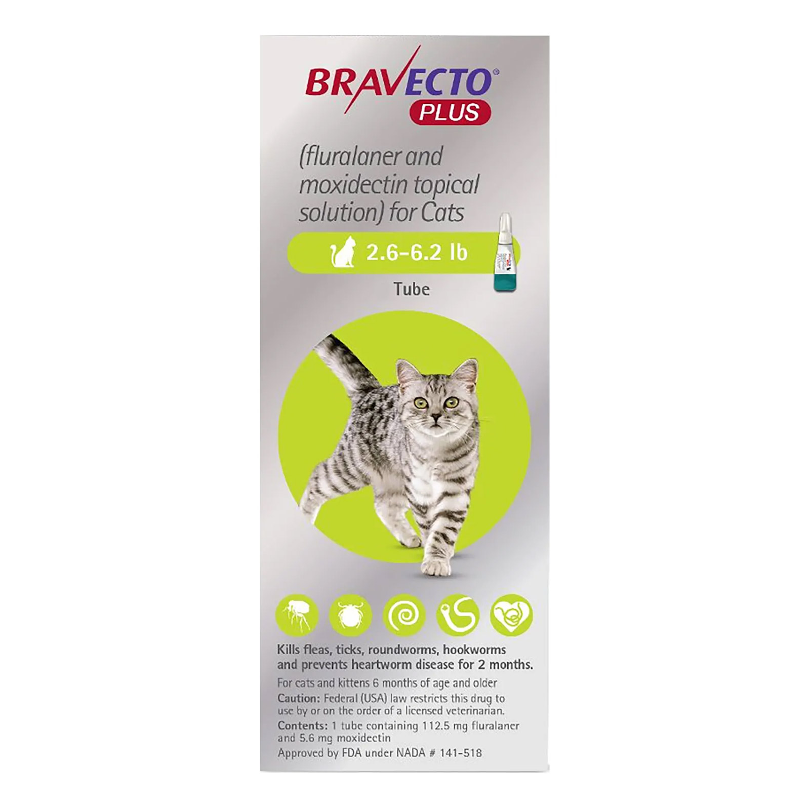 Bravecto Plus For Small Cats 2.6 To 6.2 Lbs Green 3 Doses