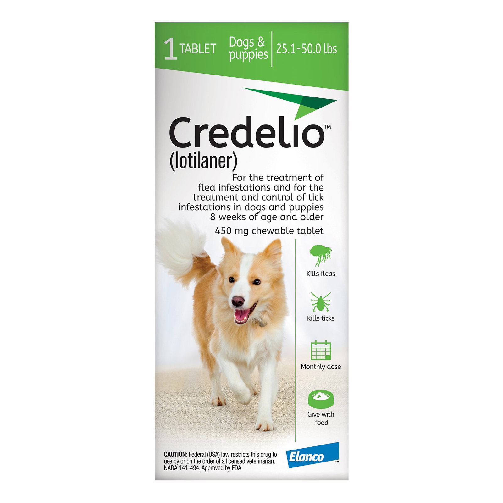 Credelio For Dogs 25 To 50 Lbs 450mg Green 12 Doses