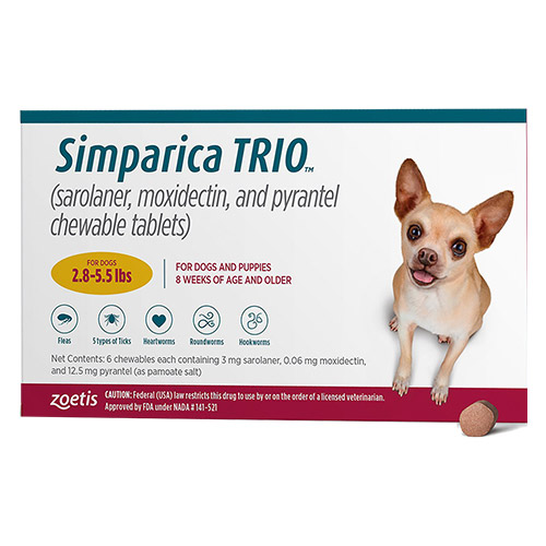 Simparica Trio For Dogs 2.8-5.5 Lbs Gold 6 Chews