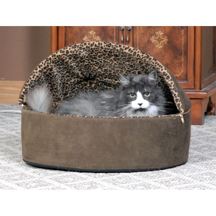 K&H Mocha Leopard Thermo-Kitty Bed Deluxe Heated Cat Bed, 16" L x 16" W, Small, Brown