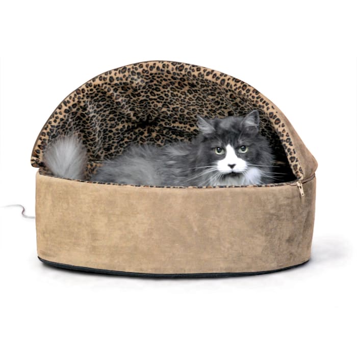 K&H Tan Leopard Thermo-Kitty Bed Deluxe Heated Cat Bed, 20" L x 20" W, Large