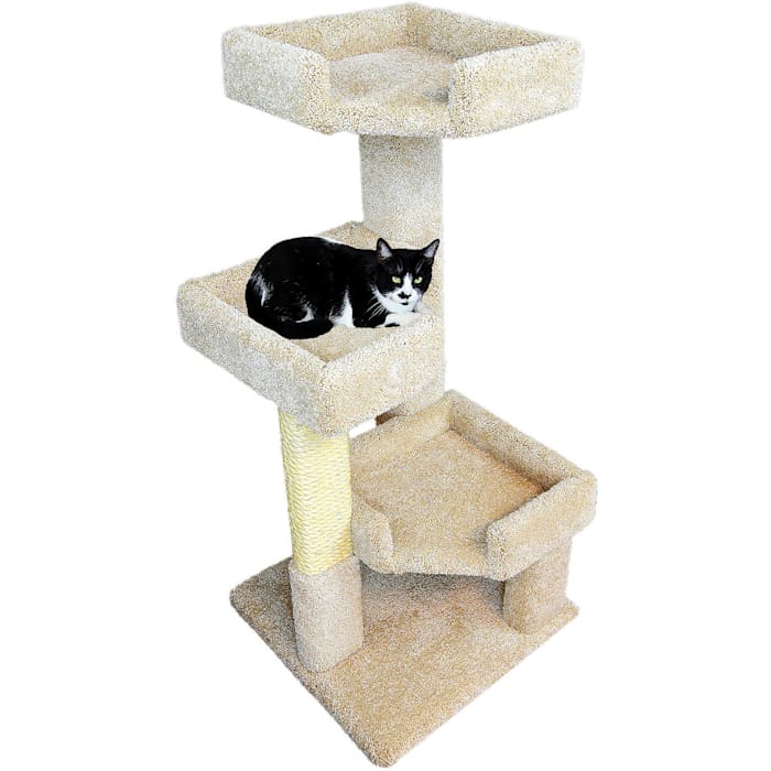New Cat Condos 3 Level Tan Solid Wood Triple Kitty Pad, 45" H
