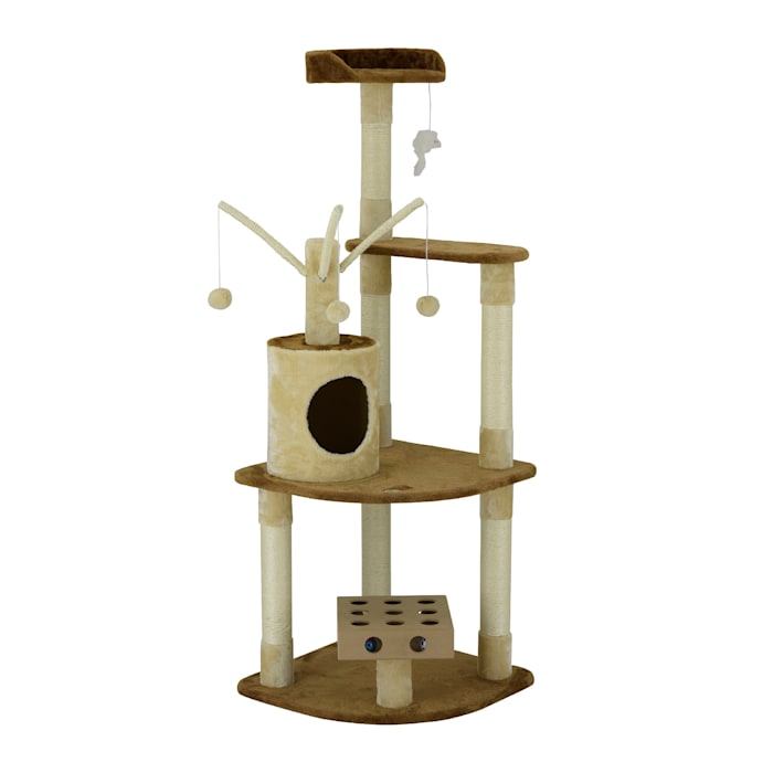 Go Pet Club IQ Busy Box Cat Tree Condo with Dangling Toys SF053, 60" H, Tan