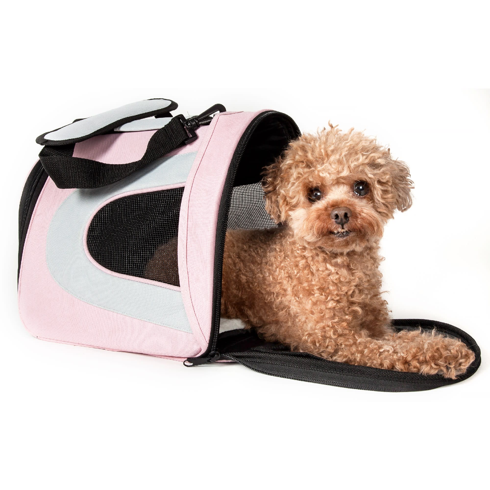 Pet Life Folding Zippered Sporty Mesh Pet Carrier in Pink & Gray