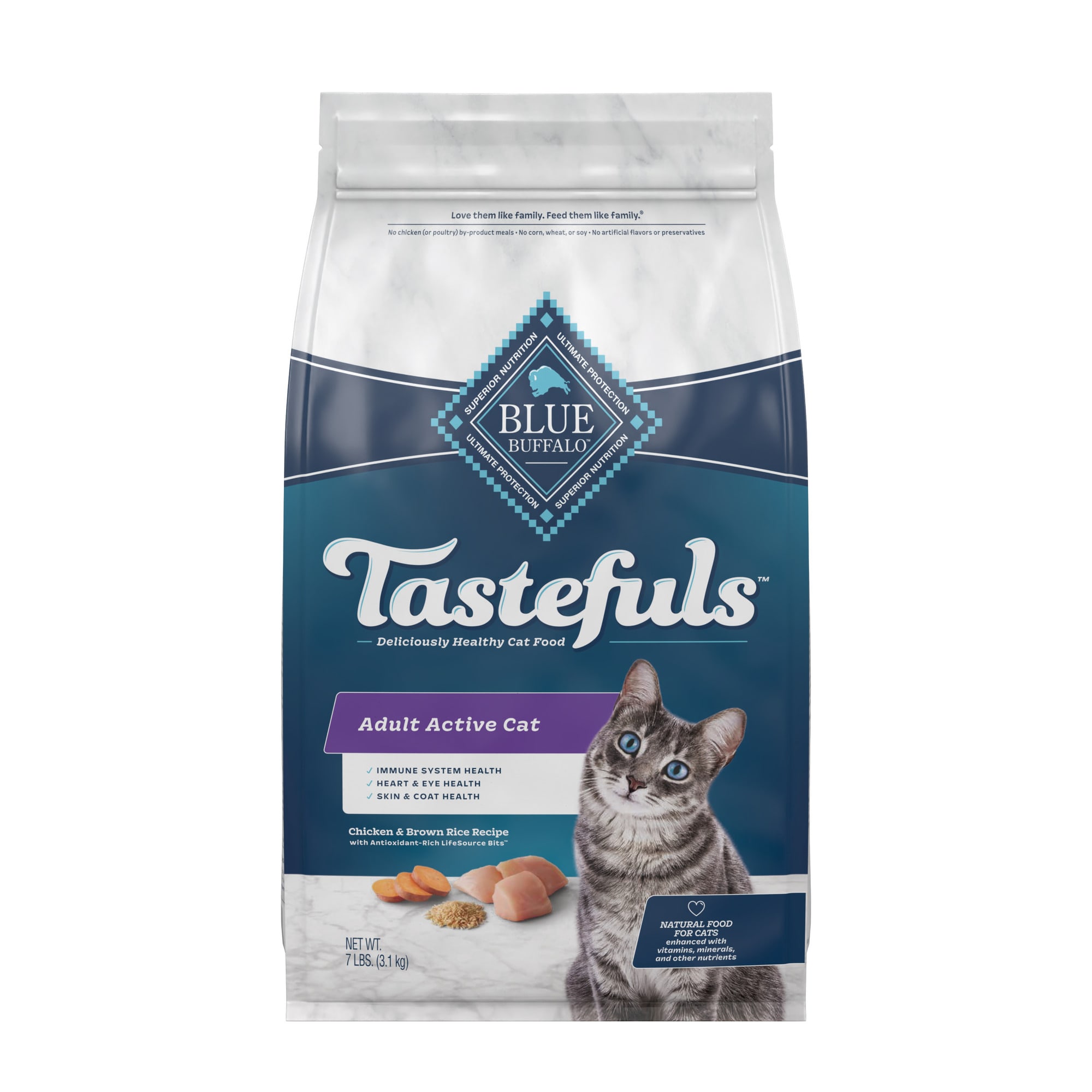Blue Buffalo Blue Tastefuls Chicken and Brown Rice Recipe Adult Active Natural Dry Cat Food, 7 lbs.
