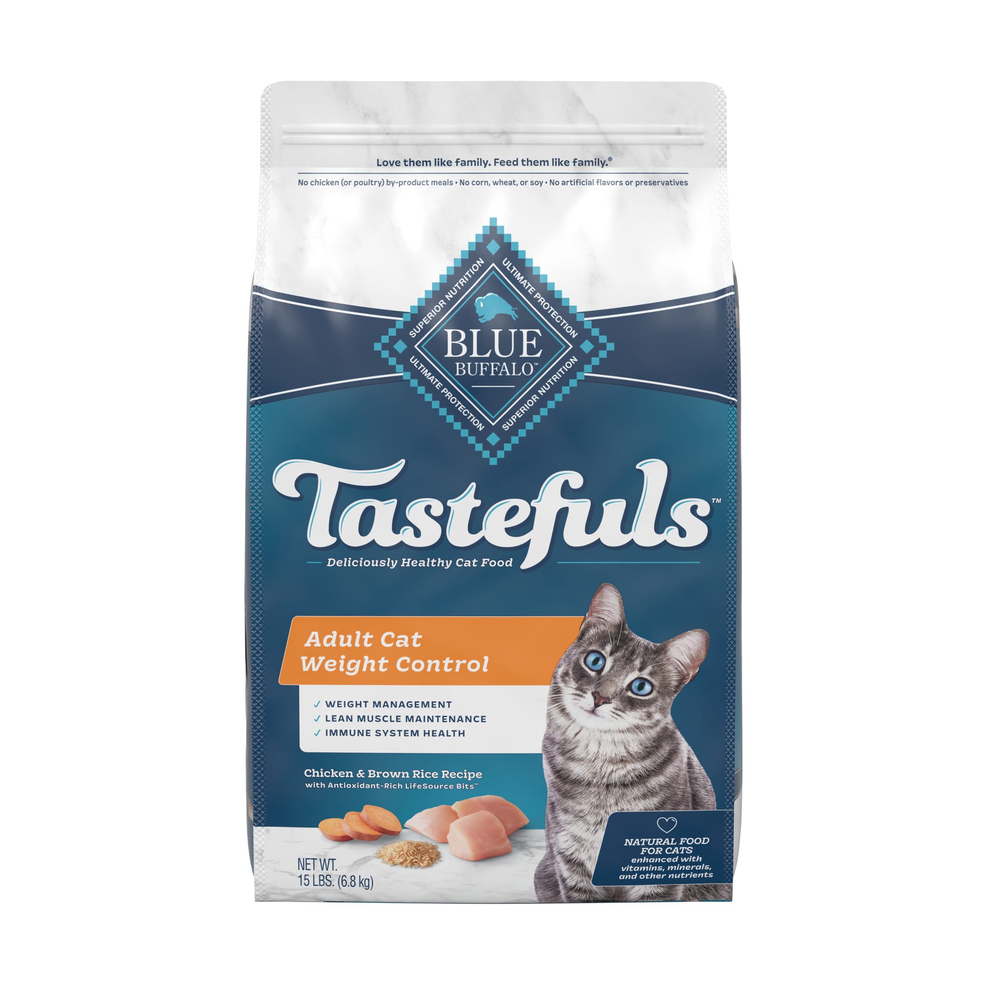 Blue Buffalo Blue Tastefuls Chicken and Brown Rice Recipe Adult Weight Control Natural Dry Cat Food, 15 lbs.