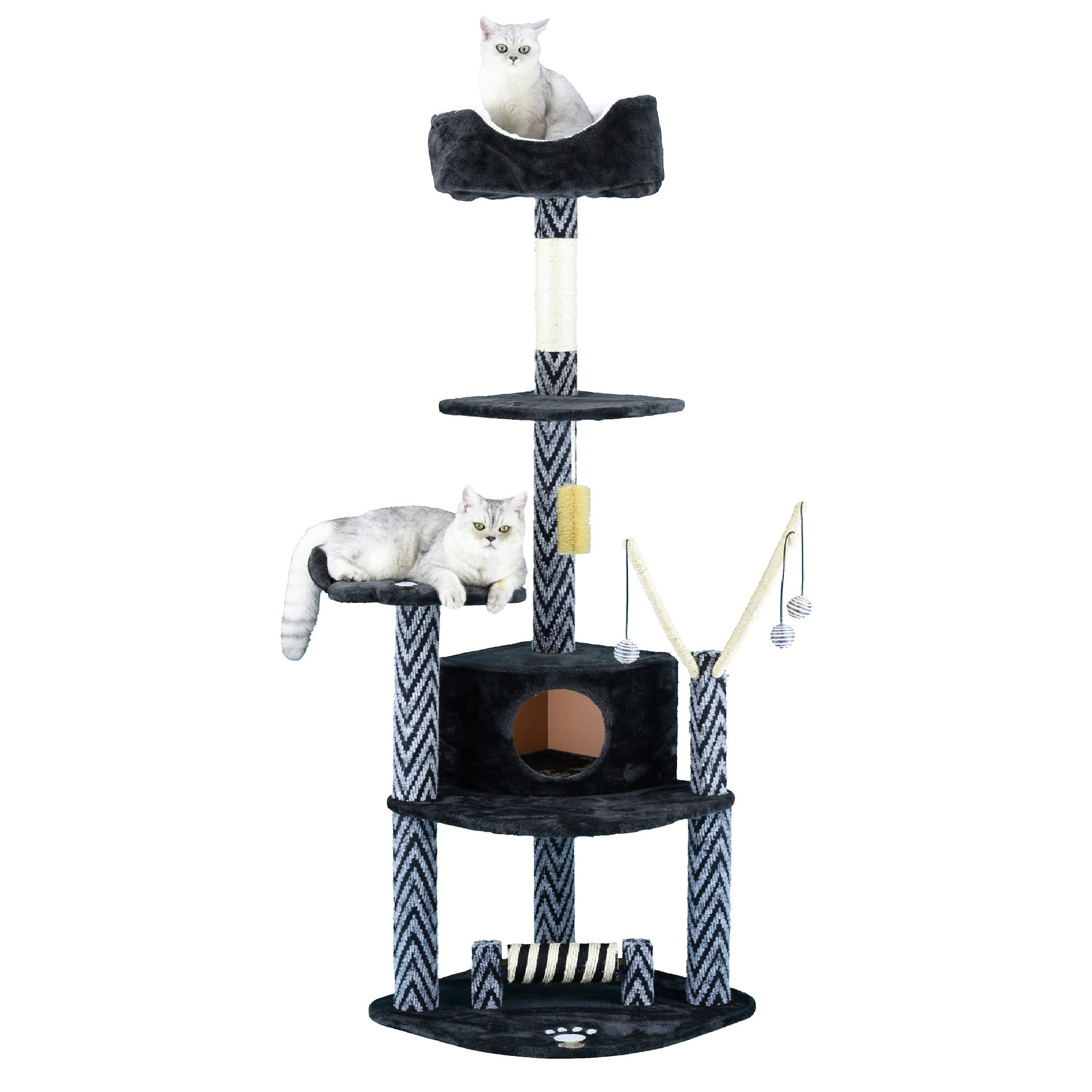 Go Pet Club Grey and Black 62" Cat Tree Condo with Dangling Toys and Rope