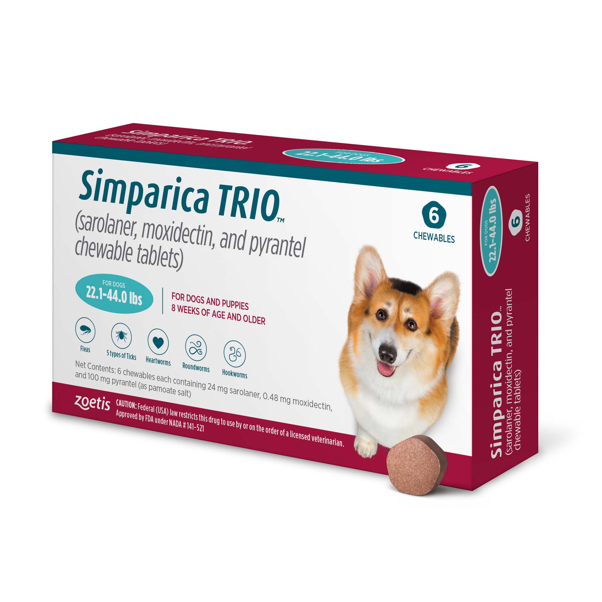 Simparica Trio 22.1-44 lbs. Dogs, 6 Month Supply, 6 CT