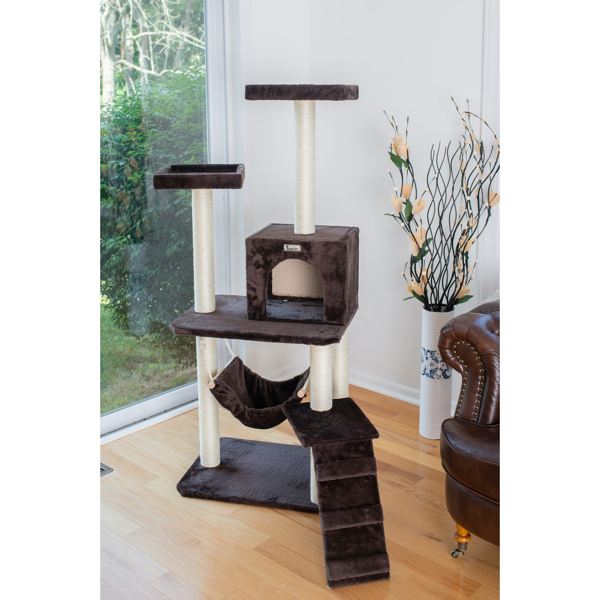 Gleepet Coffee Brown With Four Levels, Ramp, Hammock and Condo Real Wood Cat Tree